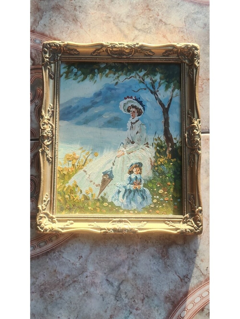 Vintage Roland Painting Mother & Daughter Landscape Gilt